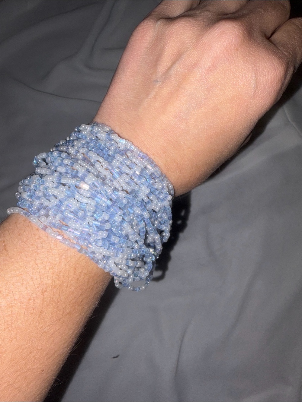 Multi Strand Blue Seed Bead Bracelet Iridescent Statement Bracelet Gold Tone